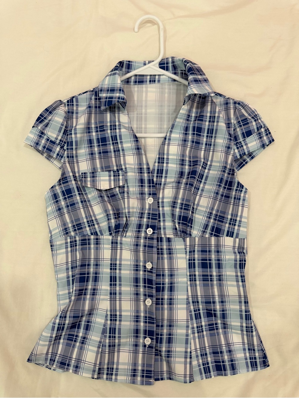 SHEIN Blue and White Short-Sleeve Plaid Button-Down Shirt
